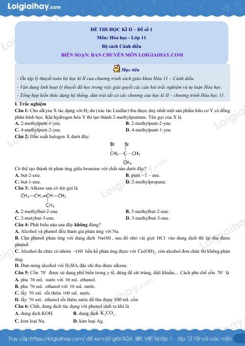 Đề thi học kì 2 Hóa 11 Cánh diều - Đề số 1